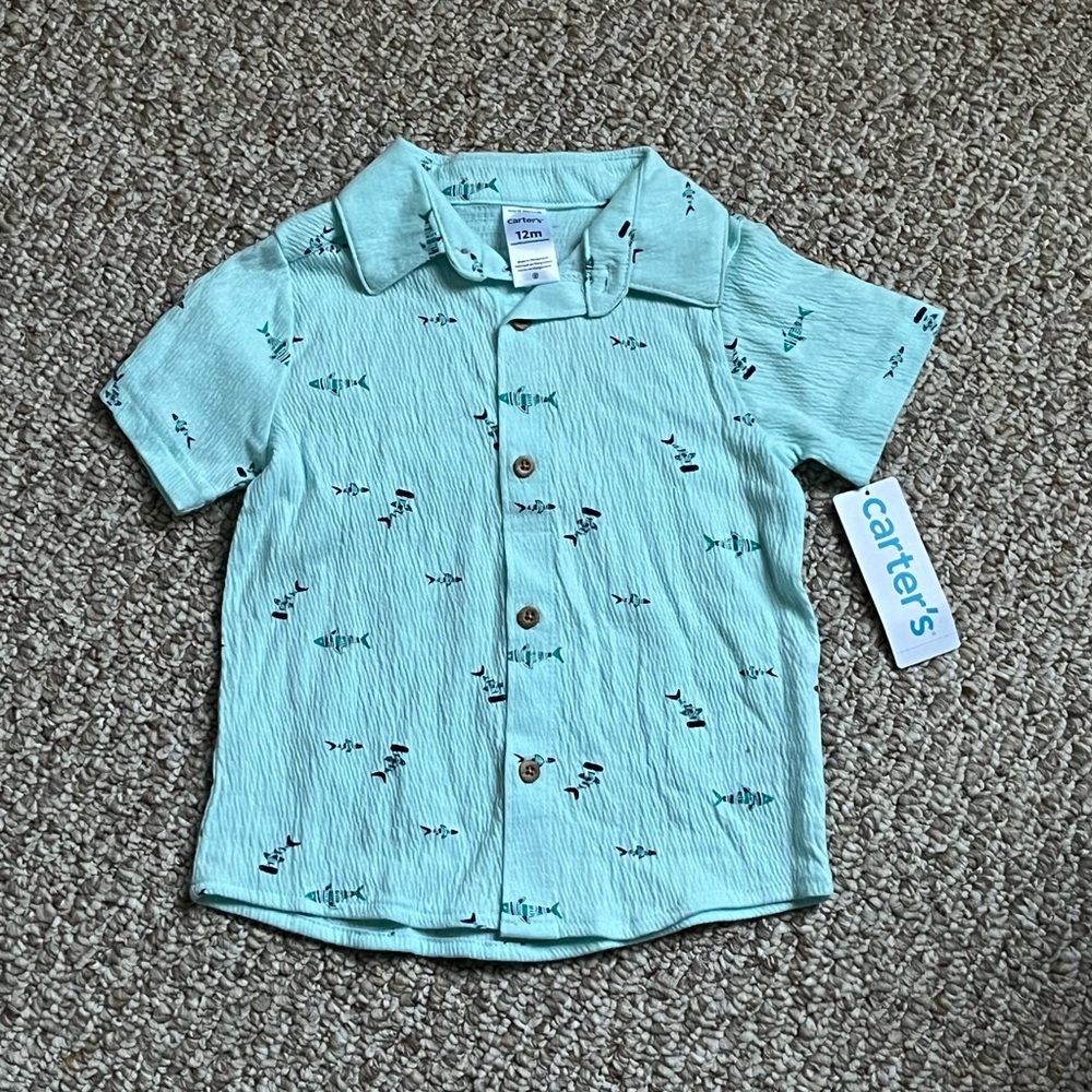Carter’s mint green with fish button down top 12m nwt